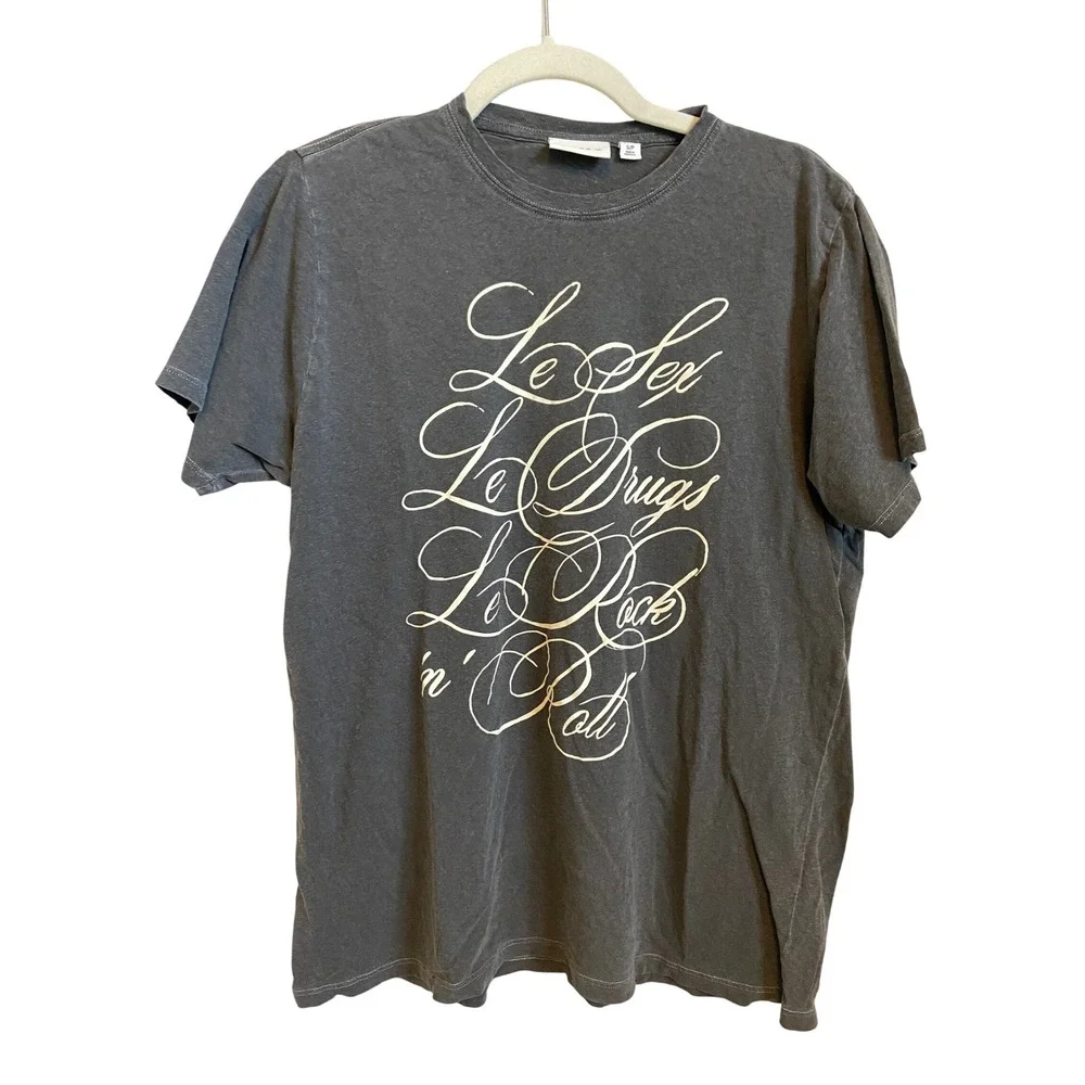 Clare V Le Rock n Roll Graphic Tee Gray Cotton Linen Small - Picture 1 of 7
